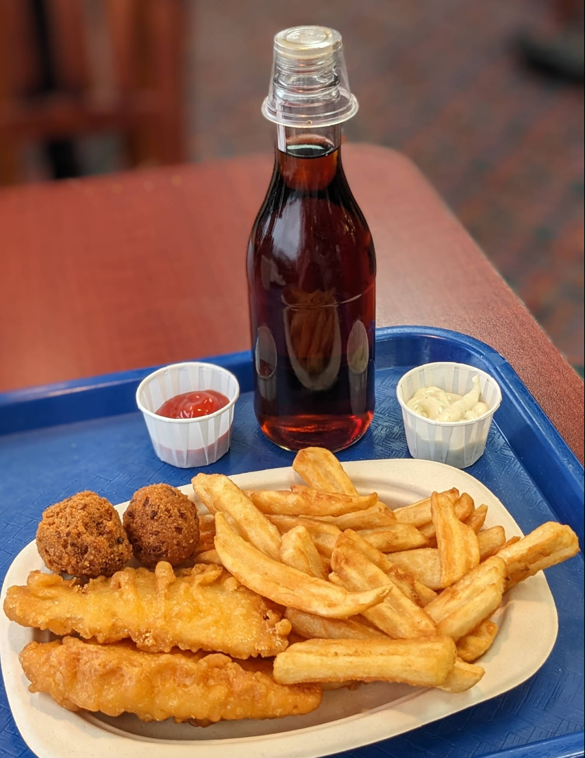 Arthur Treacher's fish and chips meal with hushpuppies, tartar sauce, and fries at an Ohio location